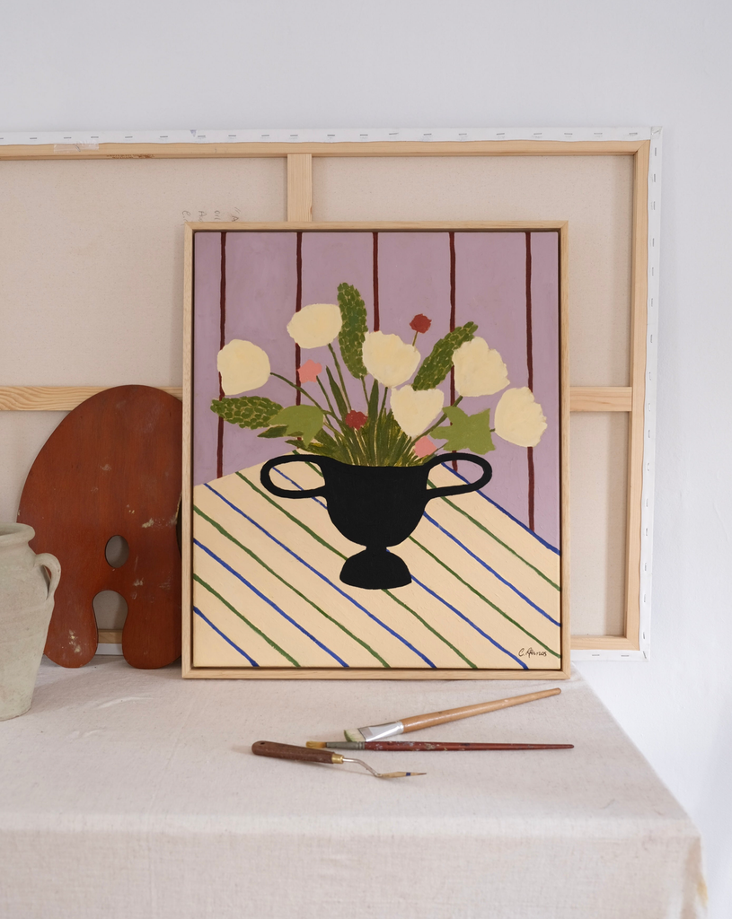 Carla Llanos Original Artwork  FLOWERS ON STRIPED CLOTH ORIGINAL PAINTING